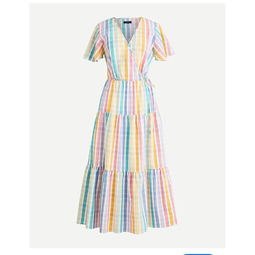 J. Crew Faux-Wrap Rainbow Gingham Cotton Tiered Midi Dress 10 Colorful Fun Retro